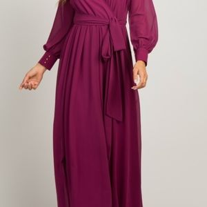 Magenta Chiffon Long Sleeve Pleated Maxi Dress